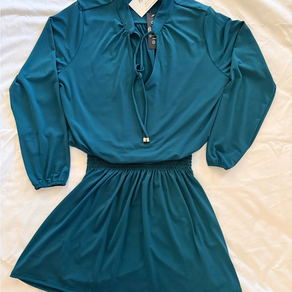 Ariella Teal Smocked Waist Midi Dress
